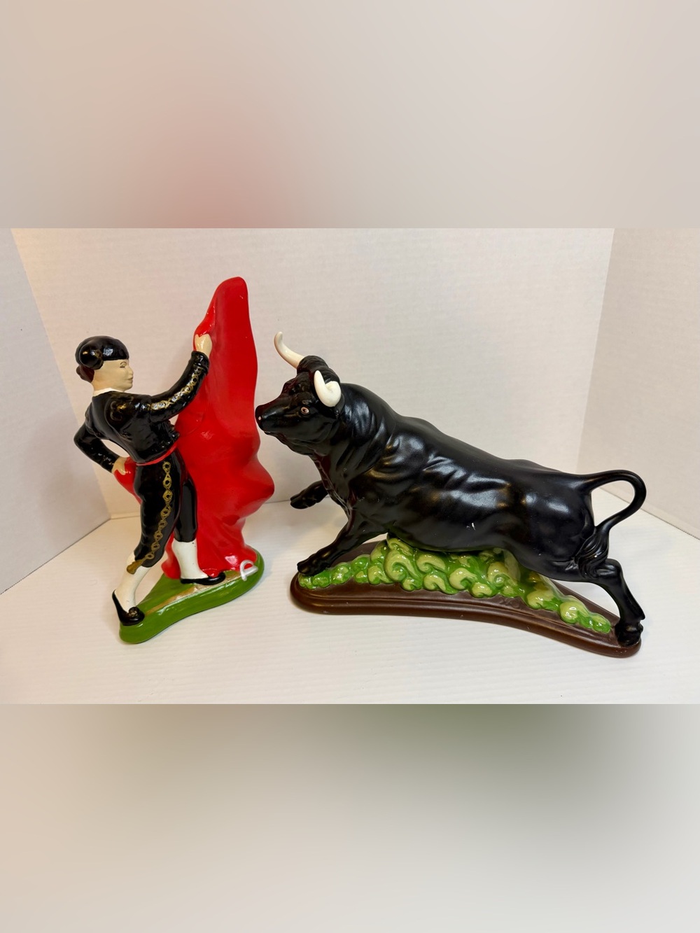 Vintage Collectible 1960s 1970s Ceramic Hand-Painted Matador & Bull Figurines